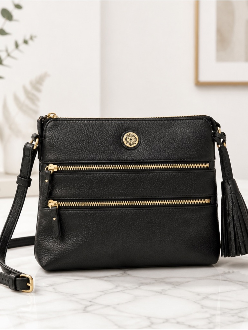 Black Anne Klein Women's Crossbody Bag with Gold Hardware